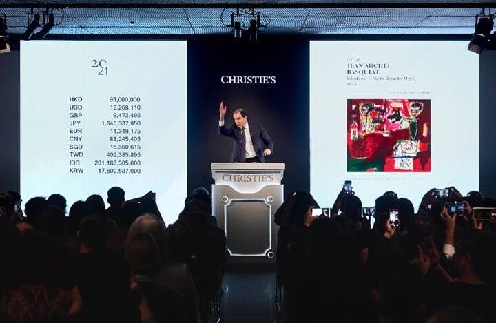 Auctioneer Adrien Meyer selling Jean-Michel Basquiat’s Sabado por la Noche (Saturday Night) (HK$112,625,000 / US$14,544,212)

during Christie’s 20th / 21st Century Evening Sale in Hong Kong