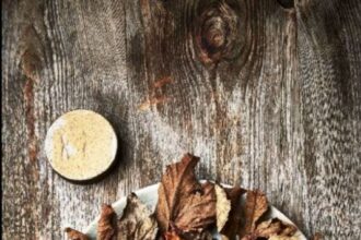 Restaurant Koks, Faroe Islands, Crispy celeriac with fermented celeriac powder and mushroom emulsion, Credit: Claes Bech Poulsen.